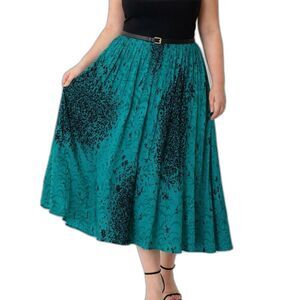 Vintage Jim Heilman 100% Silk Teal Abstract Print Midi Skirt Size 12 Made in USA